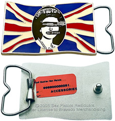 SEX PISTOLS BELT BUCKLE ~ GOD SAVE THE QUEEN ~ EMBOSSED METAL + COLOUR ENAMEL