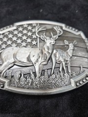 American Flag Deer Hunting Belt Buckle – Buck & Doe, Antique Silver Western