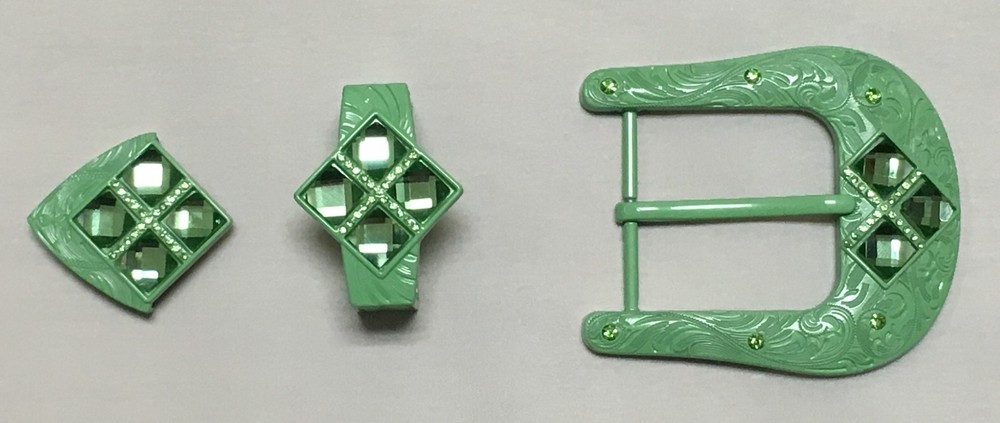 WESTERN BUCKLE SET 3PCS PISTACHIO WITH MATCHING COLOR STONES 1.5&Prime; WIDE, BUCKLE