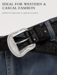 Western Belt Buckle for Men & Women – Silver Cowboy Buckle, Engraved Floral Desi