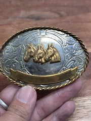 Western German Silver / Brass Triple Horse Head Portrait Engraved Buckle