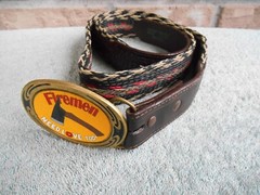VINTAGE FIREMEN NEED LOVE TOO BRASS BELT BUCKLE WITH RESISTOL BELT SIZE 44