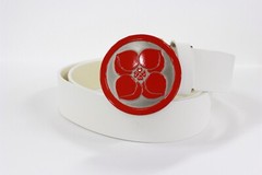 Red Silver Pop Buckle Peach Four Leaf Clover White Leather Round Adjustable Belt