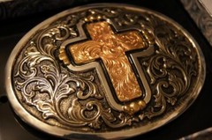 Crumrine Western Belt Buckle Cross Oval silver and Gold tone C10010