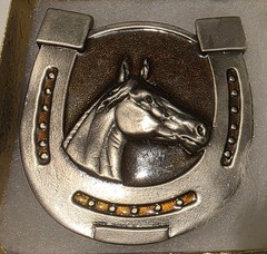 Vintage Metal Belt Buckle, Nice Horsehead and Horseshoe, Enamel, Rodeo, Nice