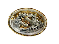 Western Initial Belt Buckle 3.5 x 2 5/8 in Oval S Silver Engraved Gold 1.75
