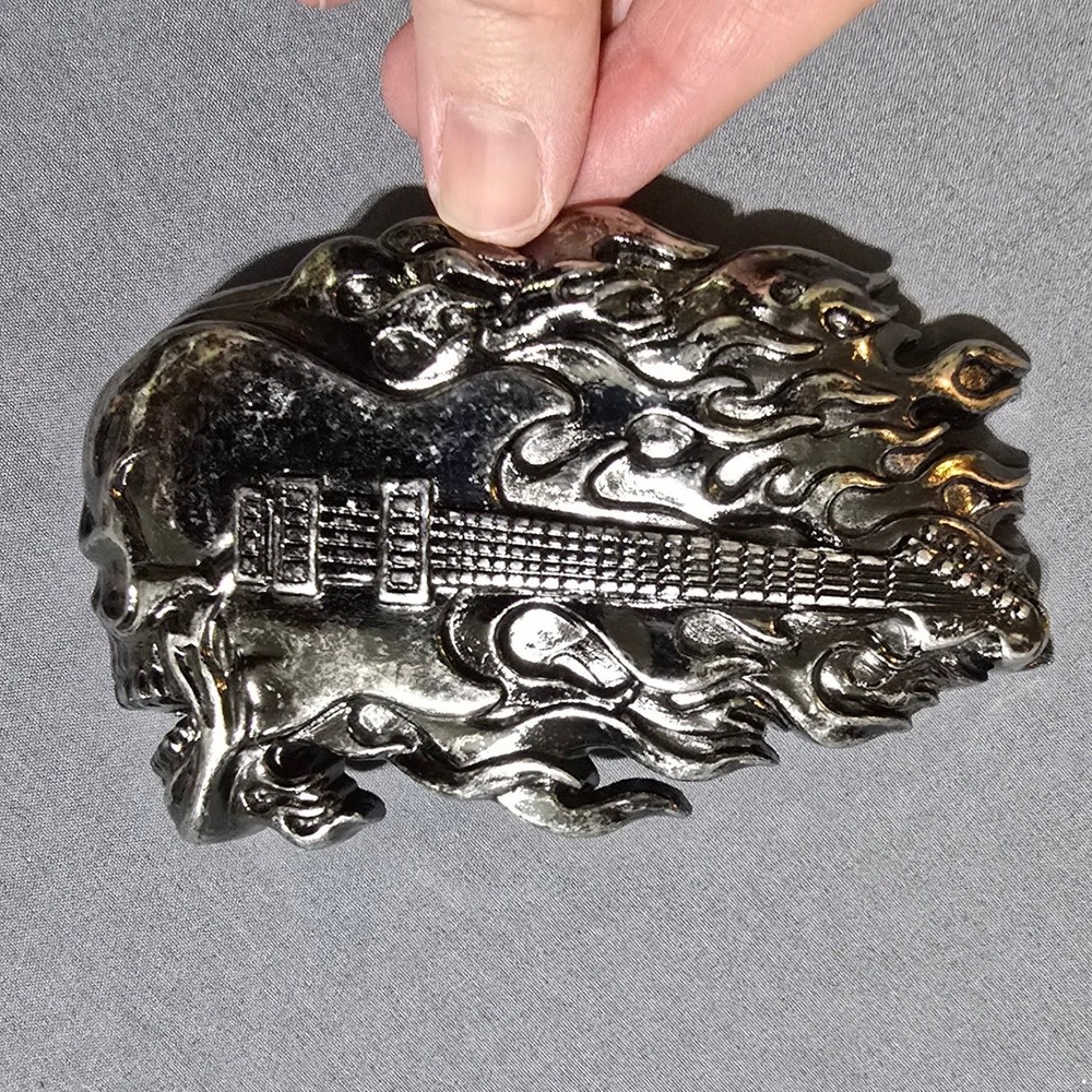 Guitar Skull Flame Belt Buckle Mens Gunmetal Silver Rocker Biker Punk vintage