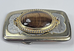 Vintage Western Belt Buckle Gold Silver Tone Tiger&rsquo;s Eye Oval Cowboy Accessory