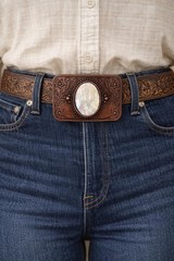 Mother of Pearl Shell Belt Buckle Bronze Engraved Floral Fits 1.5 Inch Belt
