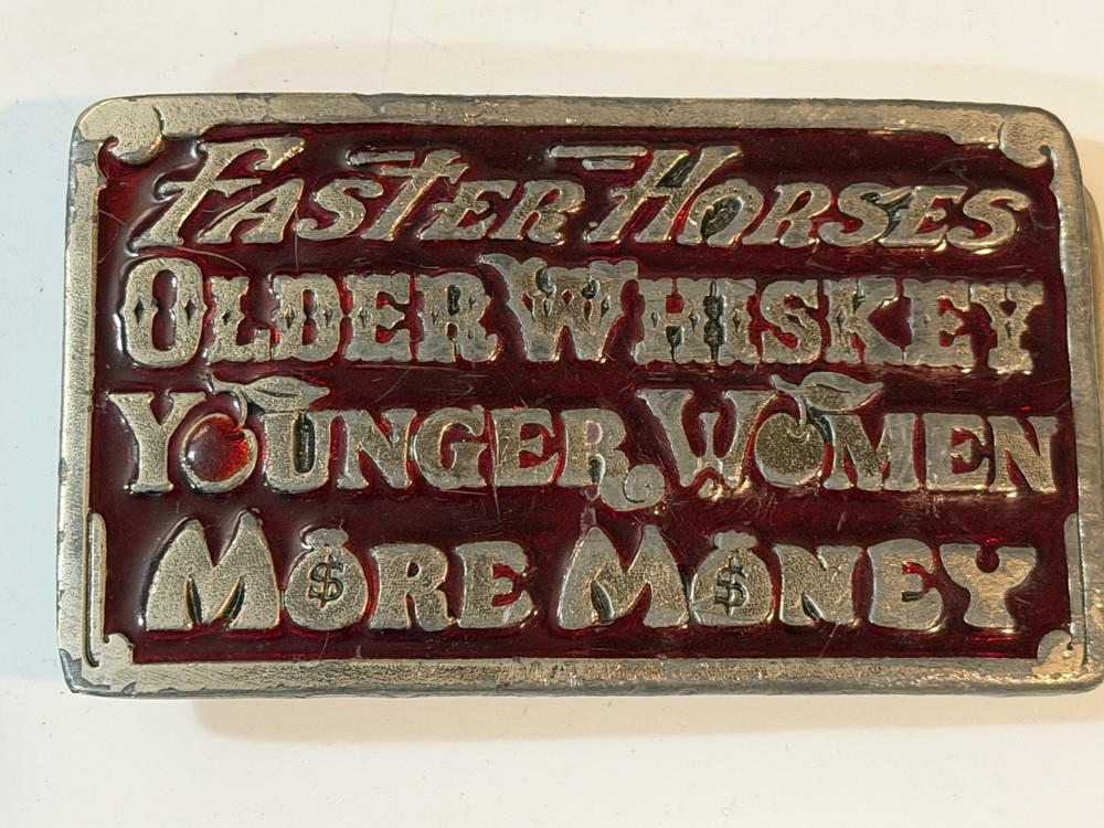 Vintage 1977 Great American Buckle Co Chicago Belt Buckle Faster Horses #750