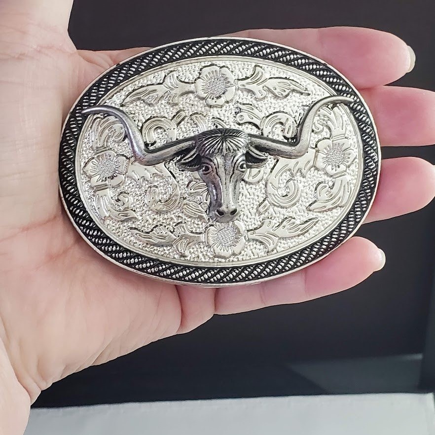Western Longhorn Steer Belt Buckle Silver Tone Oval Engraved Floral Cowboy Rodeo