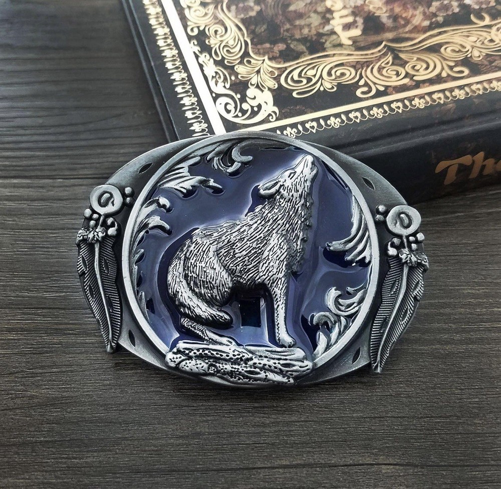 WOLF Howling antique silver dark blue color outdoors man hunting Belt buckle