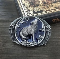 WOLF Howling antique silver dark blue color outdoors man hunting Belt buckle
