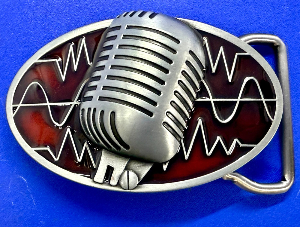 Retro Music Elvis Style Microphone Red Enameled Musician Ribbon Mic Belt Buckle