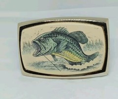 Vtg. RAINTREE ?Gold TnedMetal Ivory Color Large Mouth Bass Belt Buckle. Intricat
