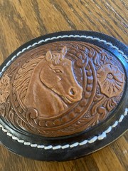Vintage Leather Crafted belt buckle HORSE WESTERN Tooled leather !
