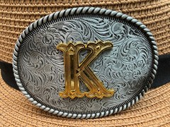Western Cowboy Antique Engraved Initial K Rope Edge Oval Belt Buckle