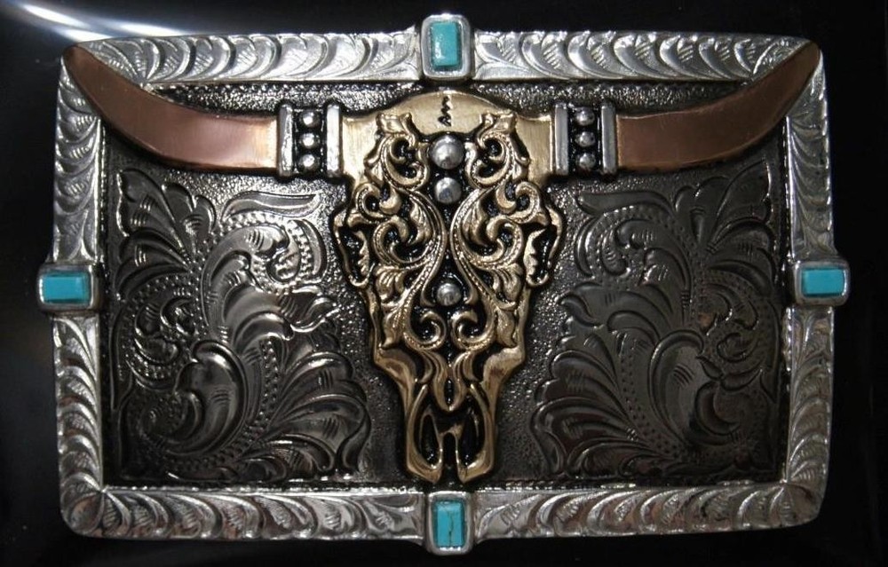 Crumrine Western Buckle Longhorn Skull Floral Turq Stones Silver C10012