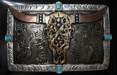Crumrine Western Buckle Longhorn Skull Floral Turq Stones Silver C10012