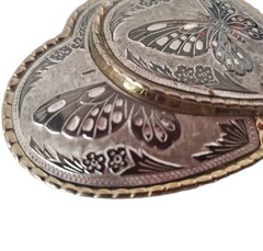 Vintage 70s DOUBLE HEARTS belt buckle W USA Butterfly Floral Golden Silver Tone