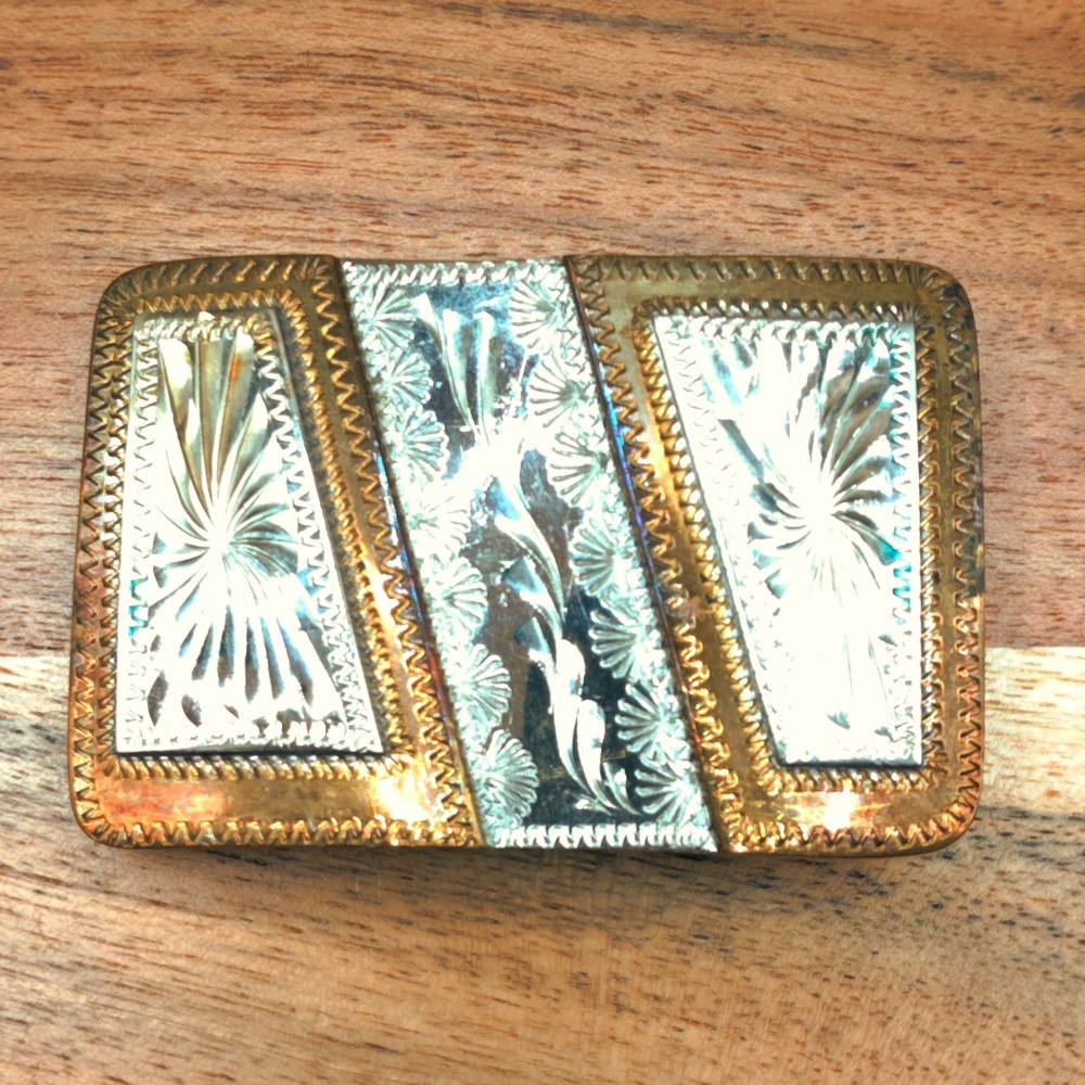 80&rsquo;s Bar J Western Floral Scroll Engraved Cowboy Nickel Copper Belt Buckle