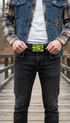 Men Women Black Metal Fashion Belt Buckle Army Green Camouflage Jeans Pant Style