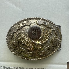 VINTAGE AMERICAN EAGLE BELT BUCKLE WITH HORNADY 12 AND 2 S&W 40 SHELLS