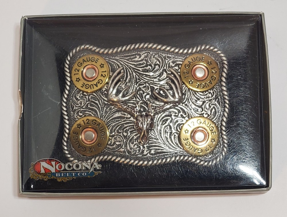 Nocona Whitetail Buck Skull Shotgun Shells Rectangular Belt Buckle