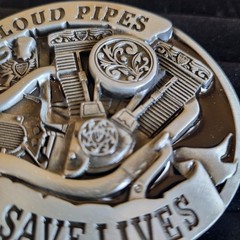 Loud Pipes Save Lives Belt Buckle Metal & Black Enamel Biker Motorcycle Engine