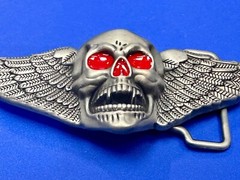 Skull With Fangs And Bright Red Eyes Cutout Large Wide Belt Buckle