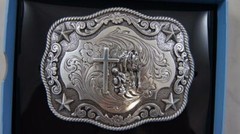 New Nocona Western Belt Buckle Cowboy Man at Cross Praying Silver Tone 3798659