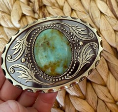 Turquoise Stone Belt Buckle Engraved Brass Western Cowboy Rodeo Style