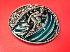 Surfer On Ocean Wave Pipeline Surfing Hang 10 – Blue Green Color Belt Buckle