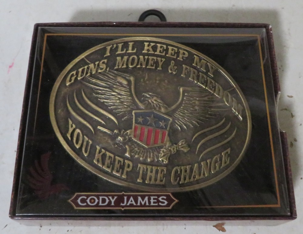 CODY JAMES MEN&rsquo;S Guns Money Freedom You Keep the Change Belt Buckle New Boxed 4&Prime;