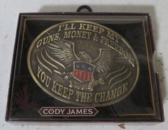 CODY JAMES MEN&rsquo;S Guns Money Freedom You Keep the Change Belt Buckle New Boxed 4&Prime;