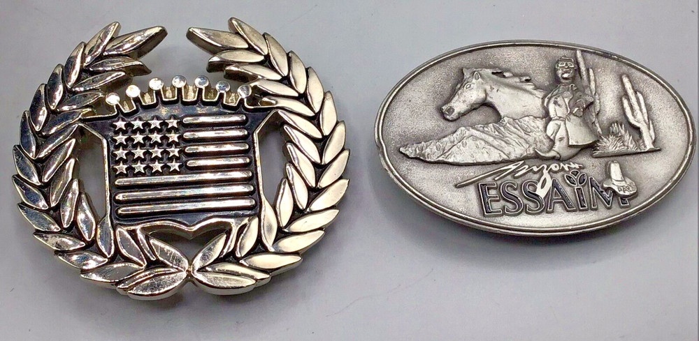 2 vtg belt buckles – Cadillac Emblem U.S. Flag #8387 & 1998 Pewter ARIZONA #265