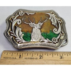 Vintage Inspired Stag Deer Belt Buckle Western Wildlife Green Forest Metal 2020