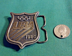 Vintage USA 1980 Olympics Shield Logo Brass Belt Buckle Bergamot made in USA