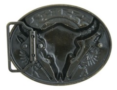 Native American Indian Buffalo Skull w/ Spears Bronze Black Enamel Belt Buckle