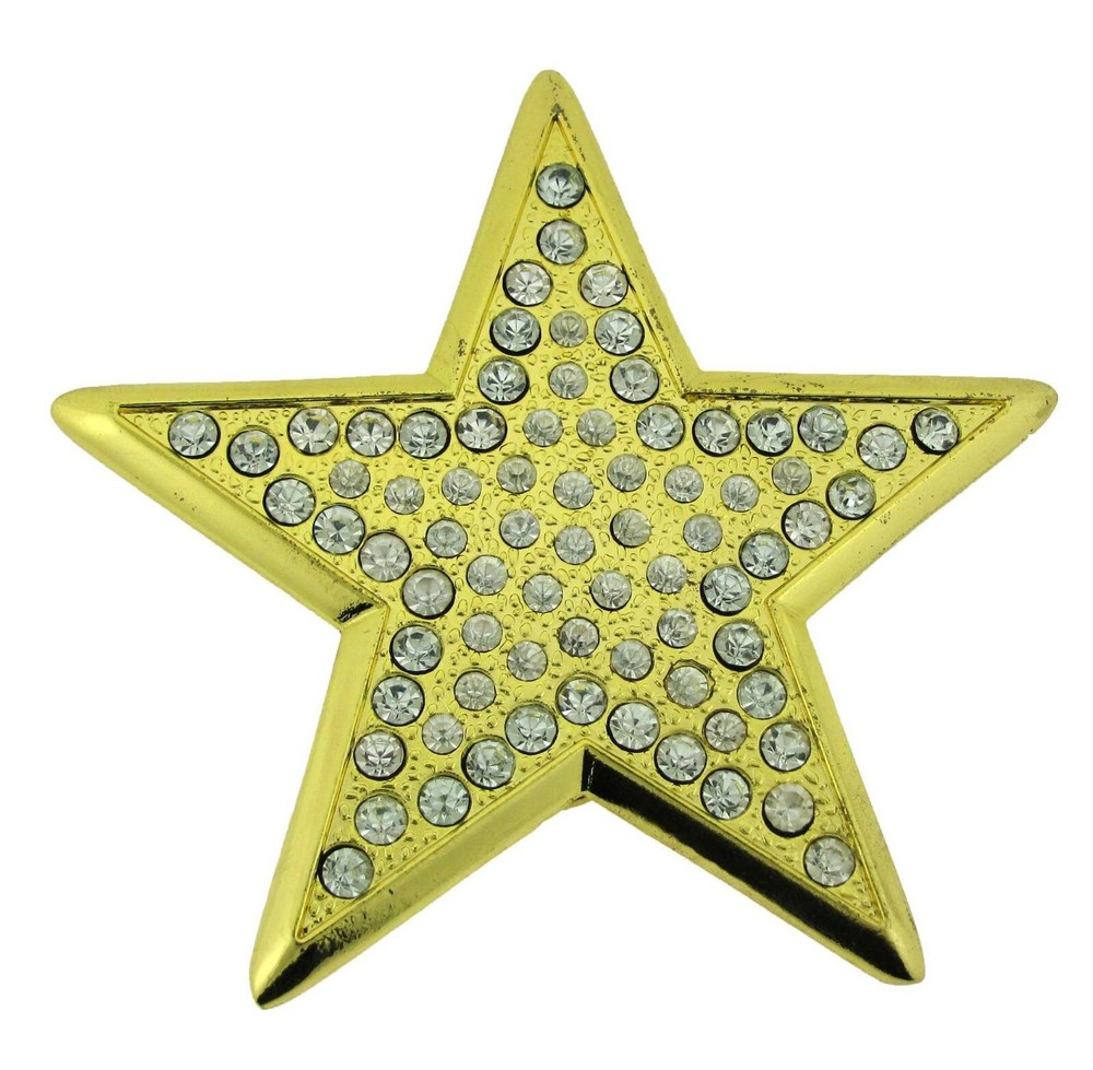 New Classic Star Belt Buckle Gold Metal Rhinestones Out Blinged Rock Punk Iced