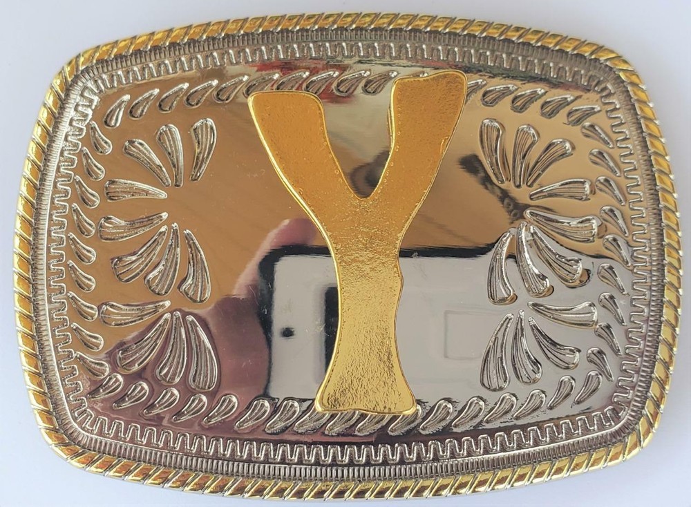 INITIAL  » Y  » RODEO COWBOY LETTER SHINE REGULAR GOLD SILVER WESTERN BELT BUCKLE