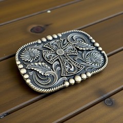 Western Cowboy Belt Buckle with Cross – Antique Bronze Floral Engraved Buckle