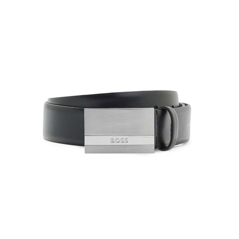 BOSS Men&rsquo;s Black Italian Leather Belt with Buckle and Logo