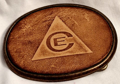 Belt Buckle Cast Brass Dyed Embossed Leather El Cid Logo Triangle Oval 2.5X3.25
