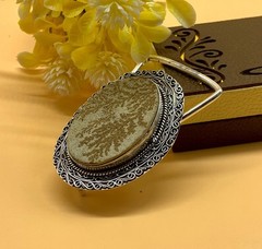 Handcrafted 925 Sterling Silver Fossil Coral Dendrite Stone Oval Belt Buckle.