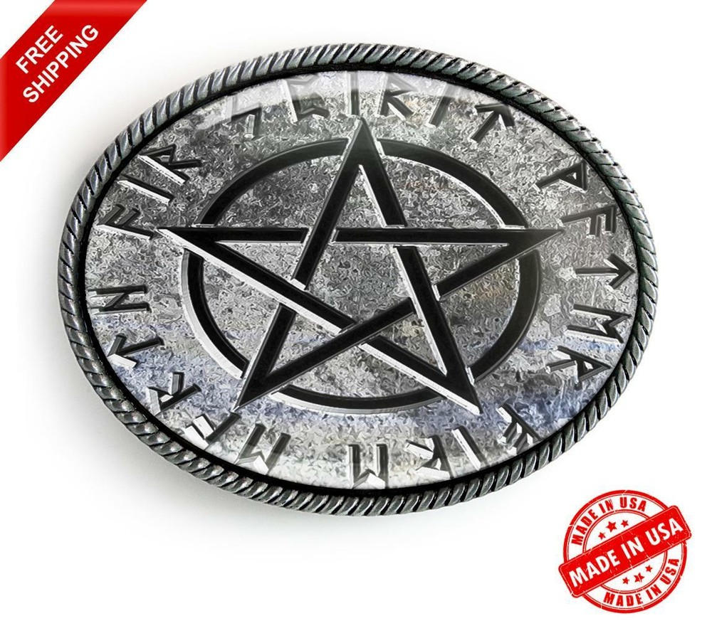 Cryptic Stone Pentagram Belt Buckle – Handmade Occult Oval Buckle – 161