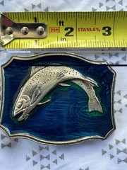 Fisherman Metal Belt Buckle With Blue & Green Enamel Background Sport Fishing