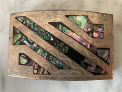 VTG ALPACA SILVER BELT BUCKLE ABALONE SHELL INSET ENGRAVED ARCHED SIGN
