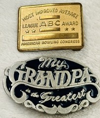 Vintage Lot 2 Men’s Belt Buckles 1990 C&J Pewter MY GRANDPA & BOWLING ABC Brass