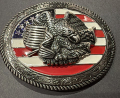 Belt Buckle American Flag Eagle Patriotic Silver Metal Red White & Blue